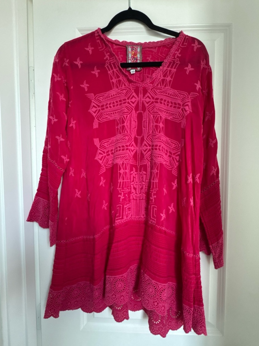 Johnny Was Pink Leena Cupra Embroidered Lace Trim Tunic Blouse Womens Small